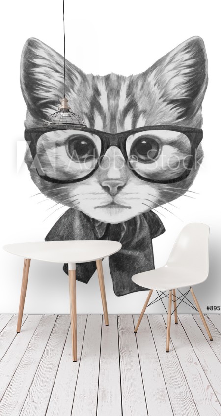 Bild på Hand drawn portrait of Cat glasses and bow Vector isolated elements
